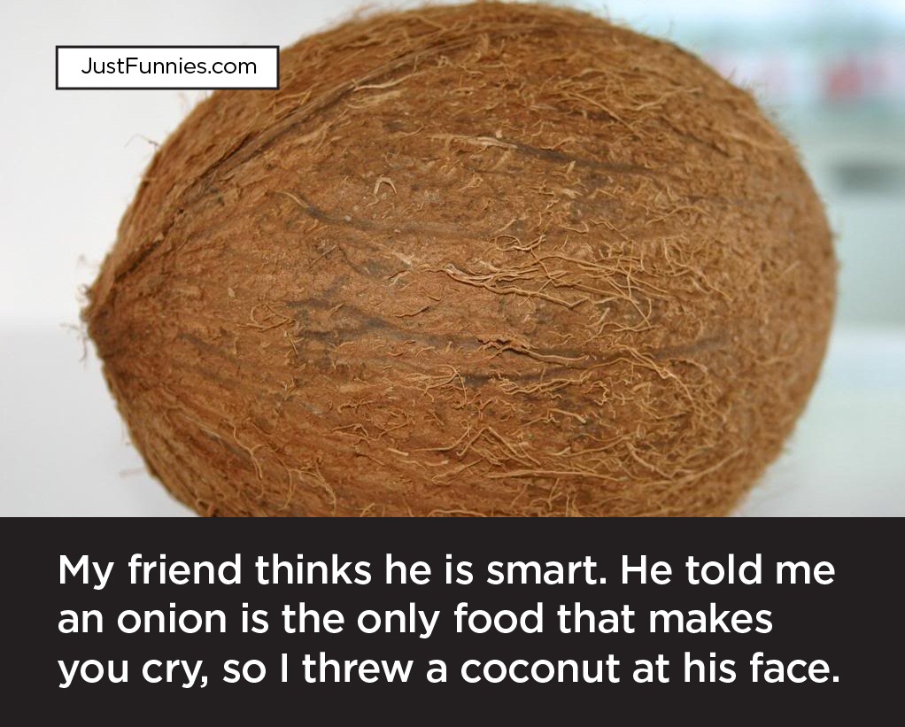 My friend thinks he is smart. He told me an onion is the only food that makes you cry, so I threw a coconut at his face.